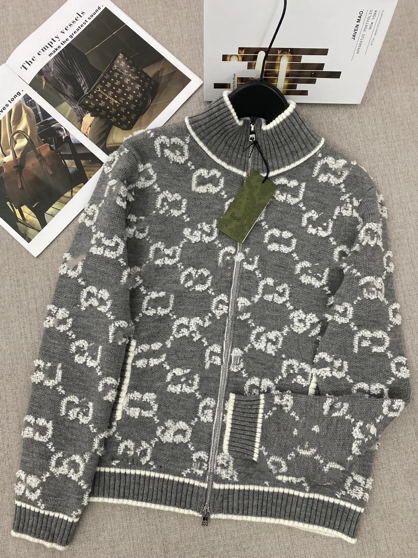 Grey Zip-Up Knit Sweater With White Pattern