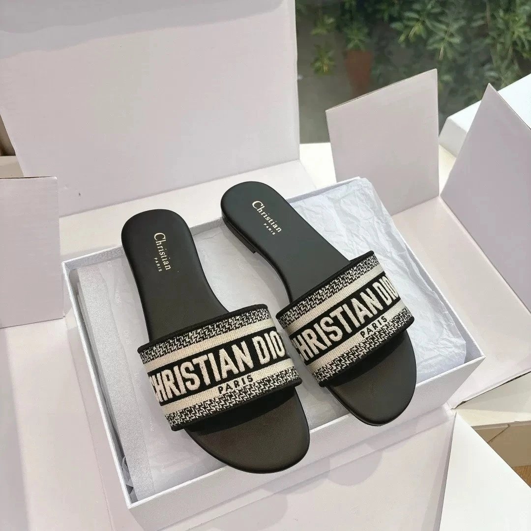 Dior Sandals Logo Strap Slide — Black flats