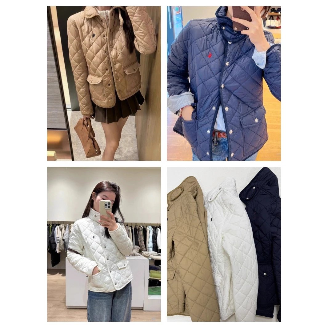 现货2025冬季拉夫棉服小马刺绣复古POLO翻领菱形格纹休闲百搭外套 - 131975