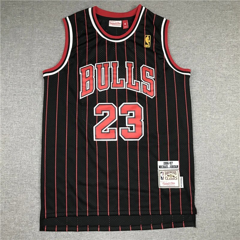 JerseysChampion Bulls #23 Jordan Black Red Pinstripe Jersey