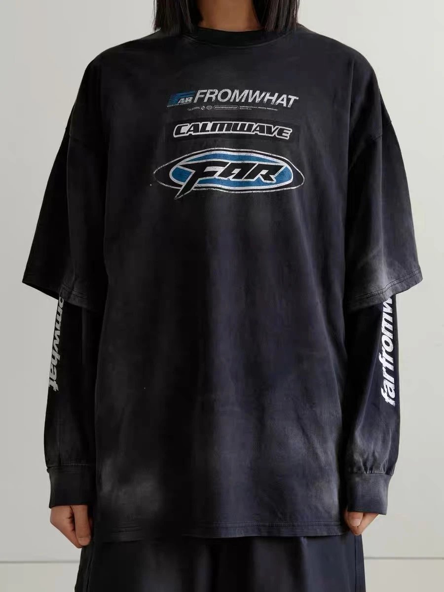 Farfromwhat Black Layered Racing Logo Long Sleeve Tee