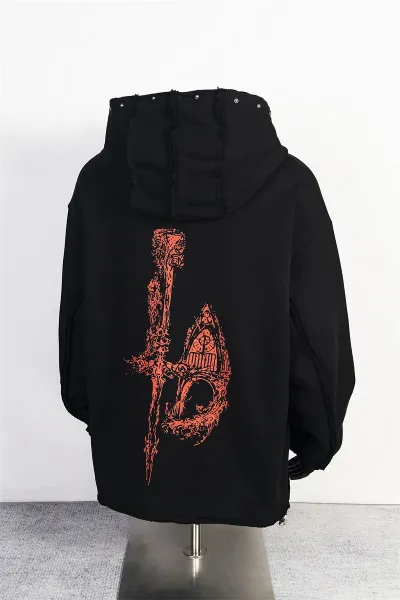 Design Streetwear Dragon Print Studded Hoodie Black - 8