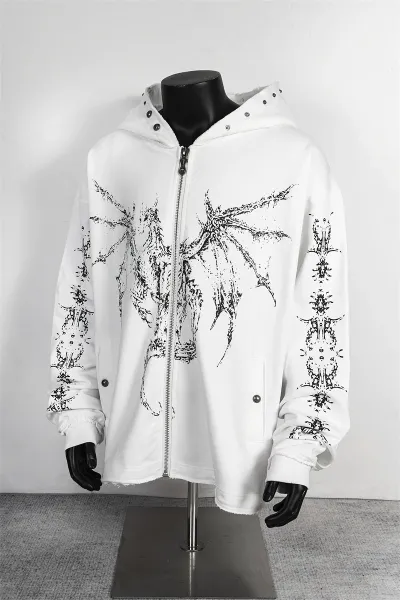 Design Streetwear Dragon Print Studded Hoodie Black - 5