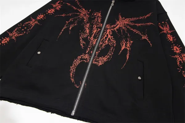 Design Streetwear Dragon Print Studded Hoodie Black - 16