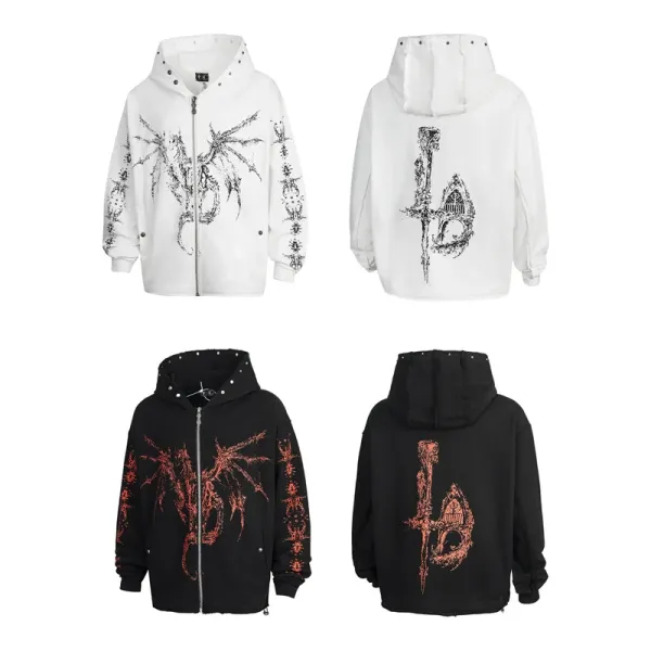 Design Streetwear Dragon Print Studded Hoodie Black - 3