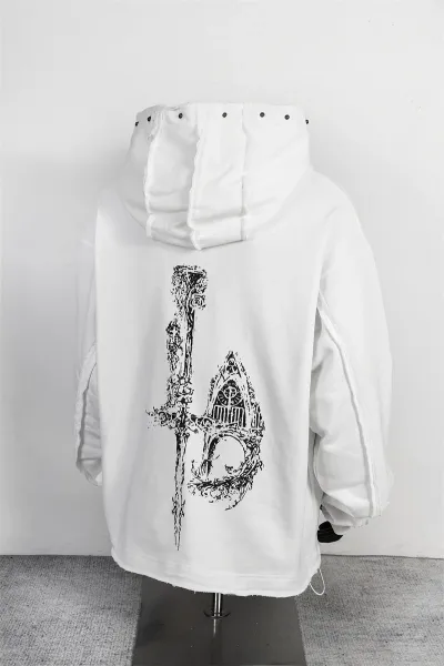 Design Streetwear Dragon Print Studded Hoodie Black - 6