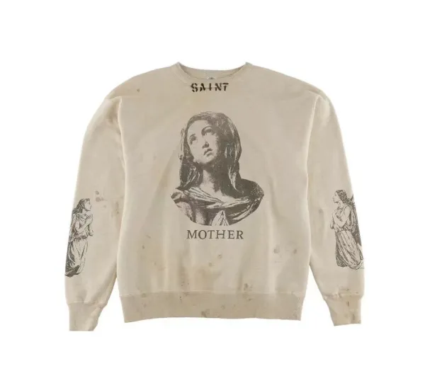Saint Laurent Saint Mother Distressed Graphic Sweatshirt Beige - 1