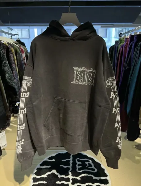 Saint Aries Column Print Hoodie Charcoal Gray - 1