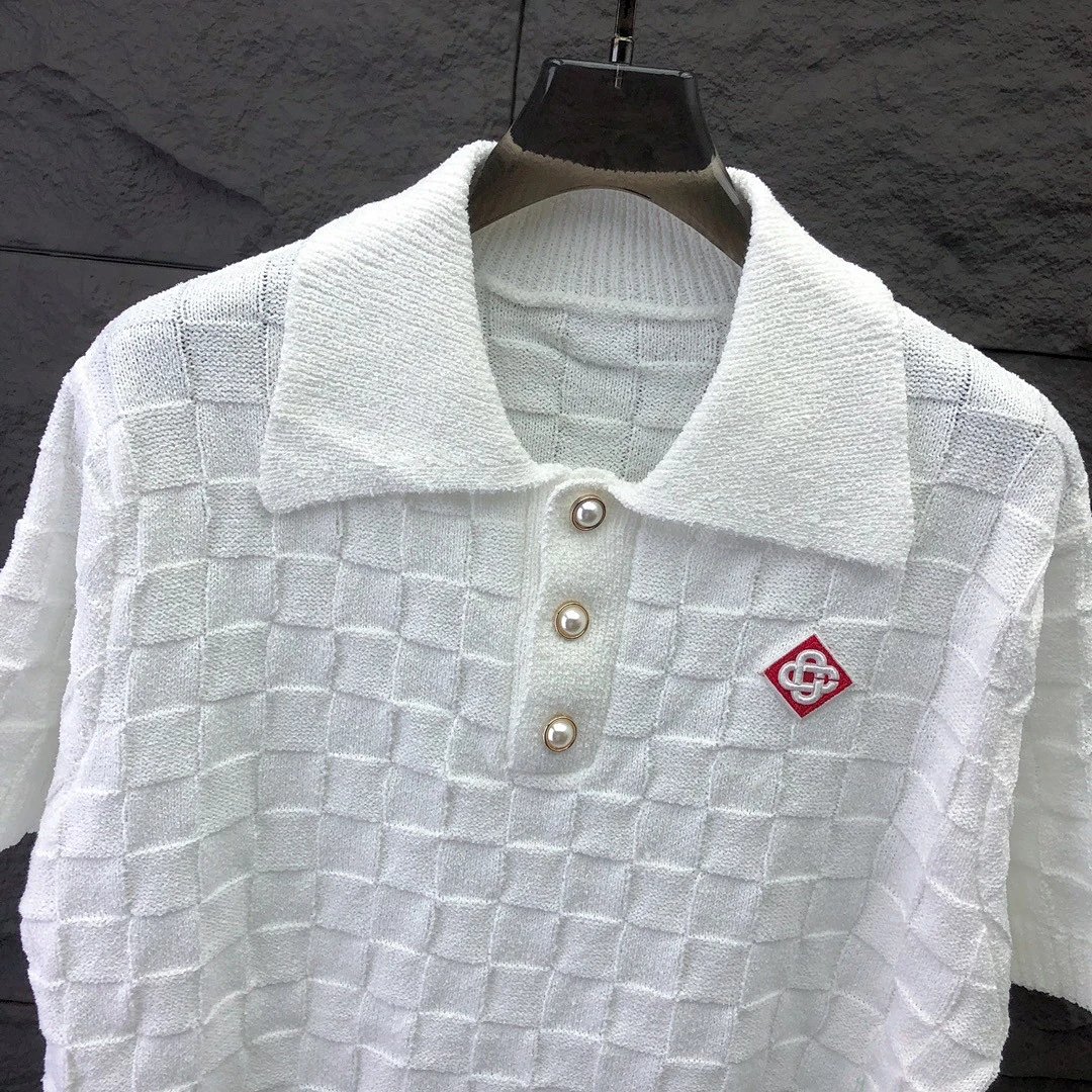 Trendy Short-Sleeve Lapel Knit Sweater with Jacquard Check Pattern (Unisex)