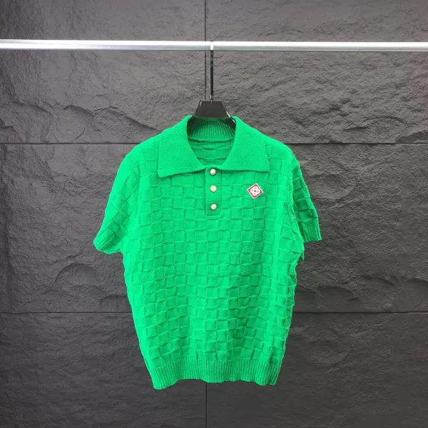 Unidentified Brand Checker Knit Polo Shirt in White and Green - 3