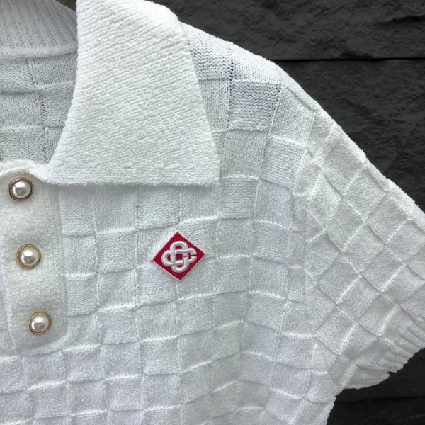 Unidentified Brand Checker Knit Polo Shirt in White and Green - 5