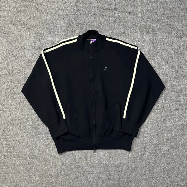 Champion Reverse Weave Track Jacket Black with Cream Stripes Outerwear - 1