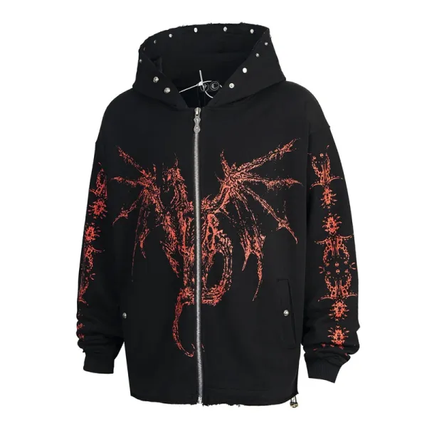 Design Streetwear Dragon Print Studded Hoodie Black - 1