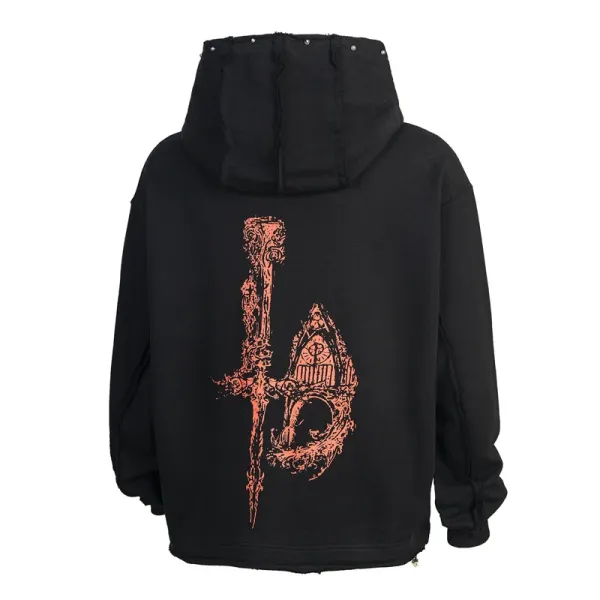 Design Streetwear Dragon Print Studded Hoodie Black - 9