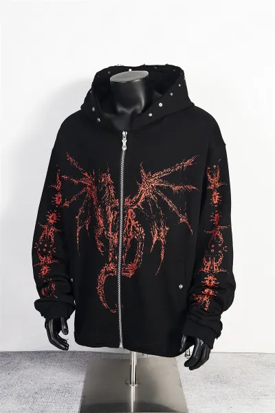 Design Streetwear Dragon Print Studded Hoodie Black - 7