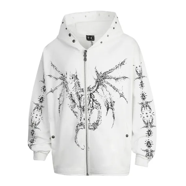 Design Streetwear Dragon Print Studded Hoodie Black - 10
