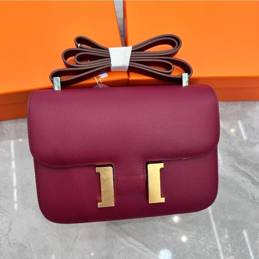 Unbranded Crossbody Bags Flap bag with H-shaped clasp — Wine red (gold buckle)
