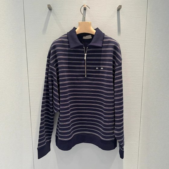 Navy blue off shoulder striped lapel long sleeved T-shirt for women, loose and slimming top