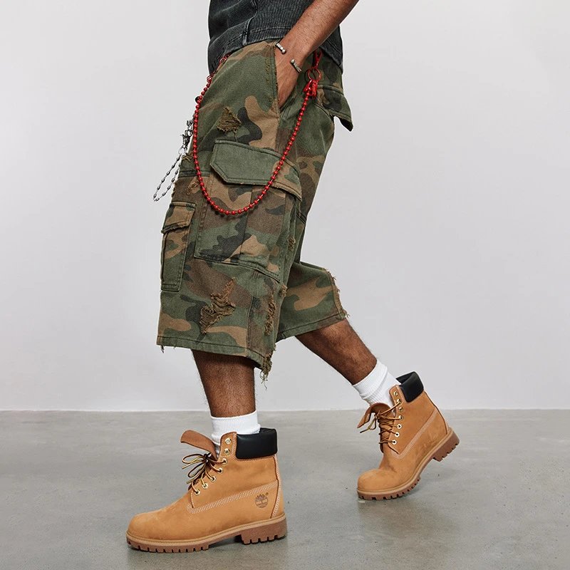 2025 Distressed Camo Stonewashed Faded Capri Cargo Pants - American Style Ripped Wide Leg Shorts