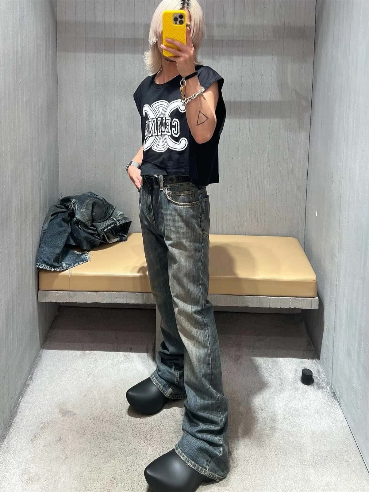 Celine Black Crop T-Shirt with Blue Flared Jeans
