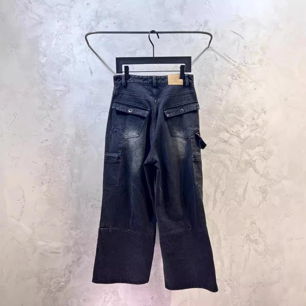 Design Cargo Wide-Leg Black Denim Pants Jeans - 6