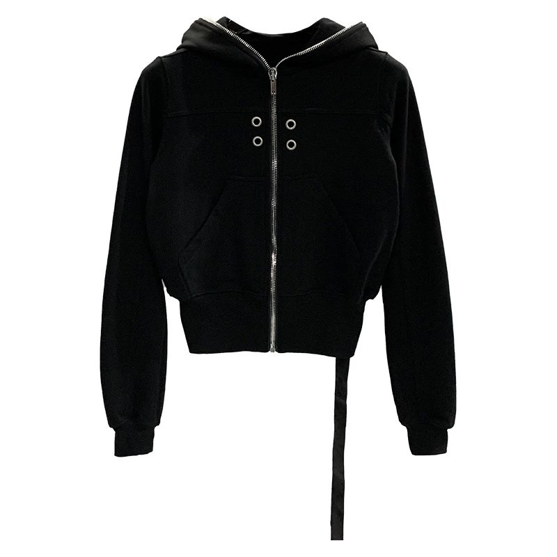 Black Zip-Up Hooded Jacket with Front Pockets