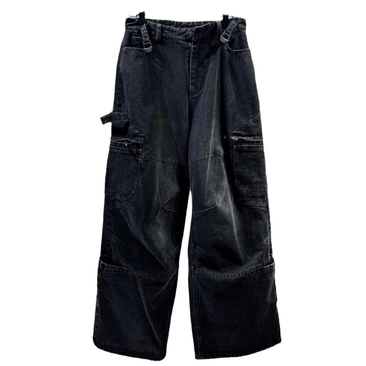 Design Cargo Wide-Leg Black Denim Pants Jeans - 3