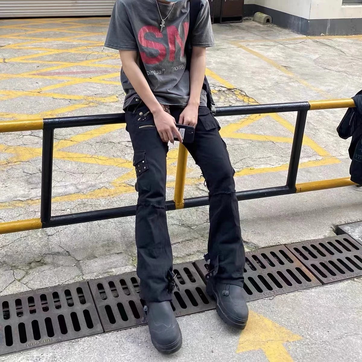 Black Distressed Cargo Jeans