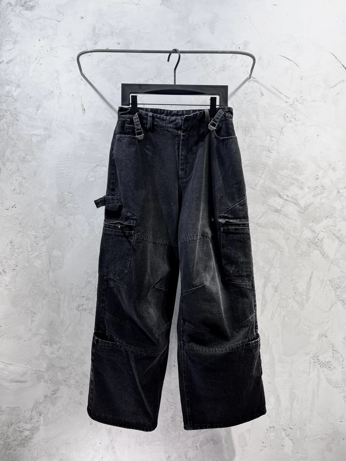 Design Cargo Wide-Leg Black Denim Pants Jeans - 4