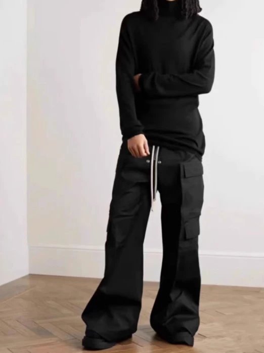 Black Wide-Leg Cargo Pants with Drawstring Waist