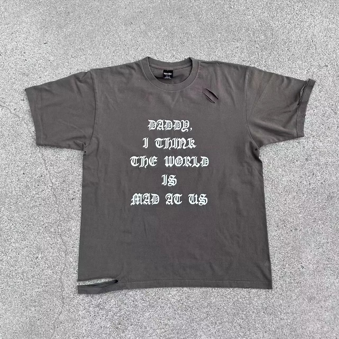 Damaged Grey T-Shirt with Text