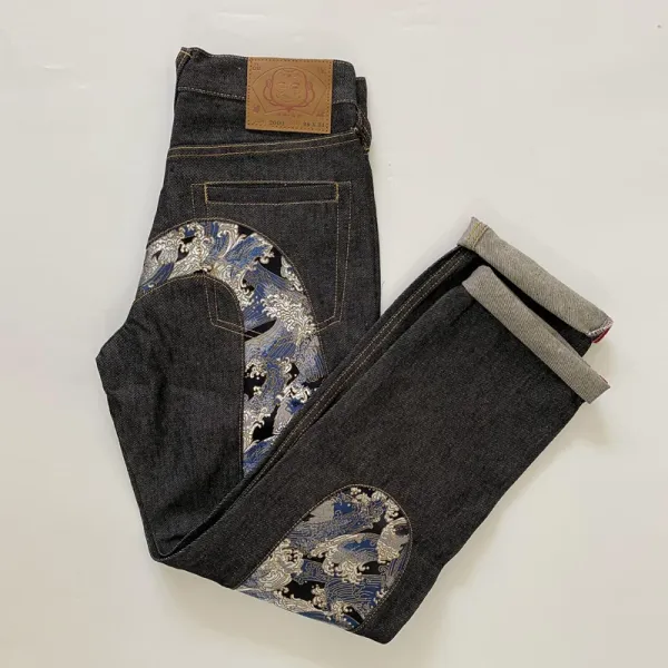 Evisu Fuji Wave Embroidered Raw Denim Jeans - 1