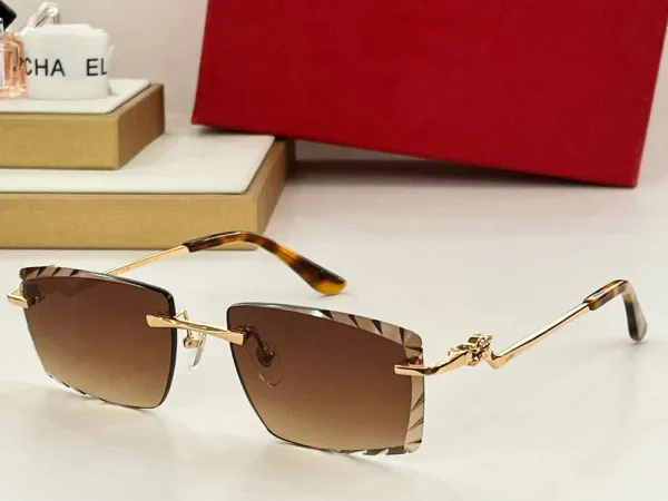 Design Rimless Gradient Brown Sunglasses with Gold-Tone Frame and Tortoiseshell Temples - 1
