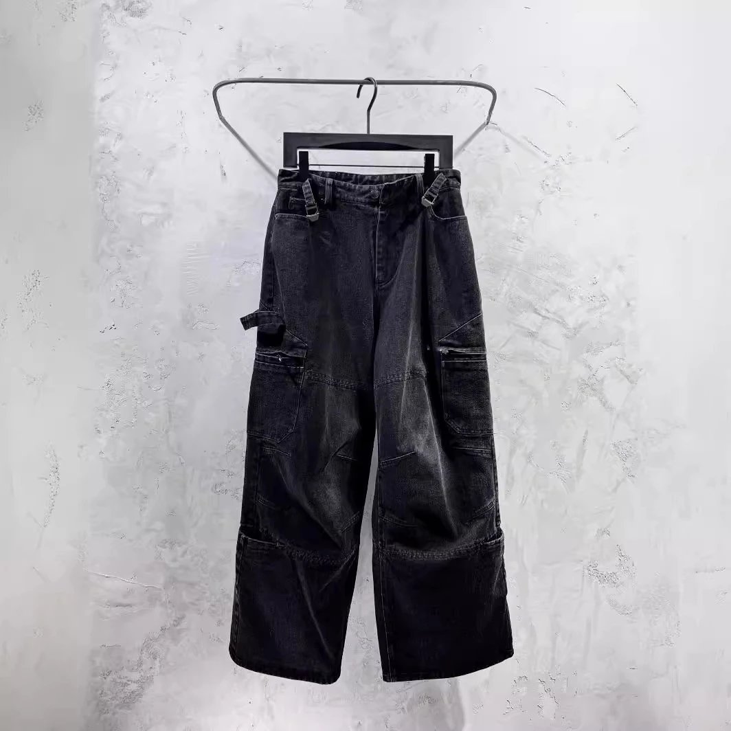 Design Cargo Wide-Leg Black Denim Pants Jeans - 5