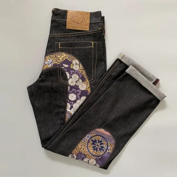 Evisu Fuji Flower Patchwork Raw Hem Jeans Black - 1