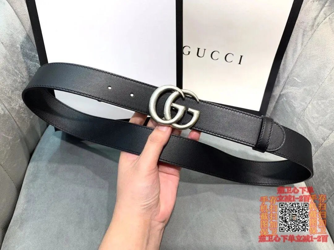 Gucci古驰牛皮腰带皮带 男女同款 进口原版定制牛皮配以新款互扣式GG纯古银带扣 宽度3 5cm