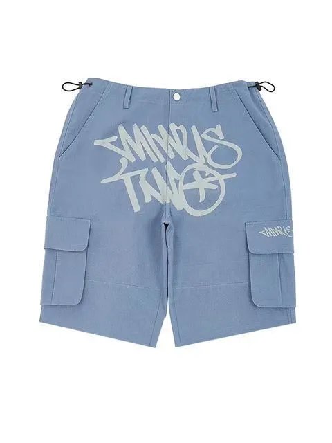 Blue pants with white lettering