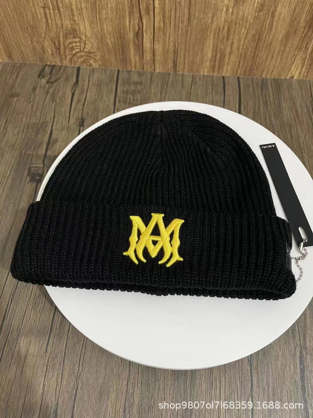 Amiri Logo Embroidered Black Beanie with Gold Monogram - 1