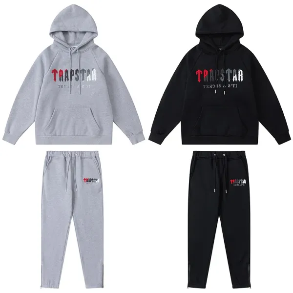 Trapstar Arch Logo Hoodie and Sweatpants Black/Gray Colorblock Set - 42