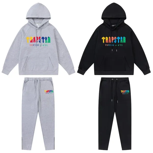 Trapstar Arch Logo Hoodie and Sweatpants Black/Gray Colorblock Set - 48