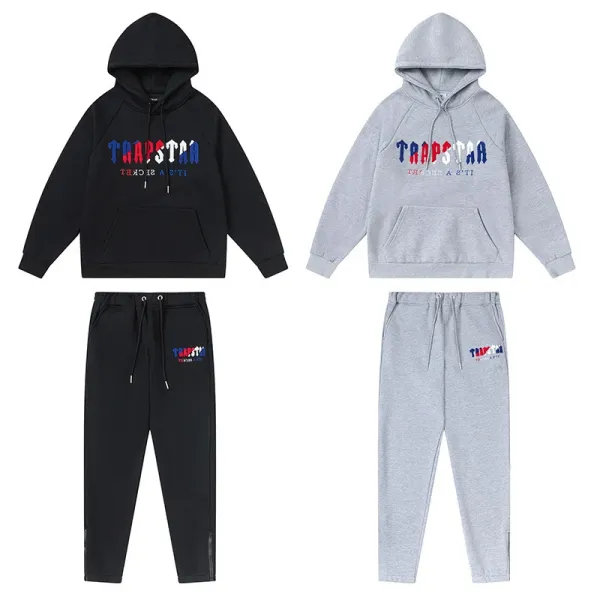 Trapstar Arch Logo Hoodie and Sweatpants Black/Gray Colorblock Set - 46