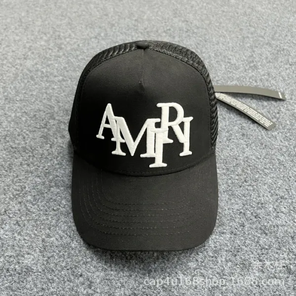 AMIRI Logo Embroidered Black Mesh Trucker Cap - 1