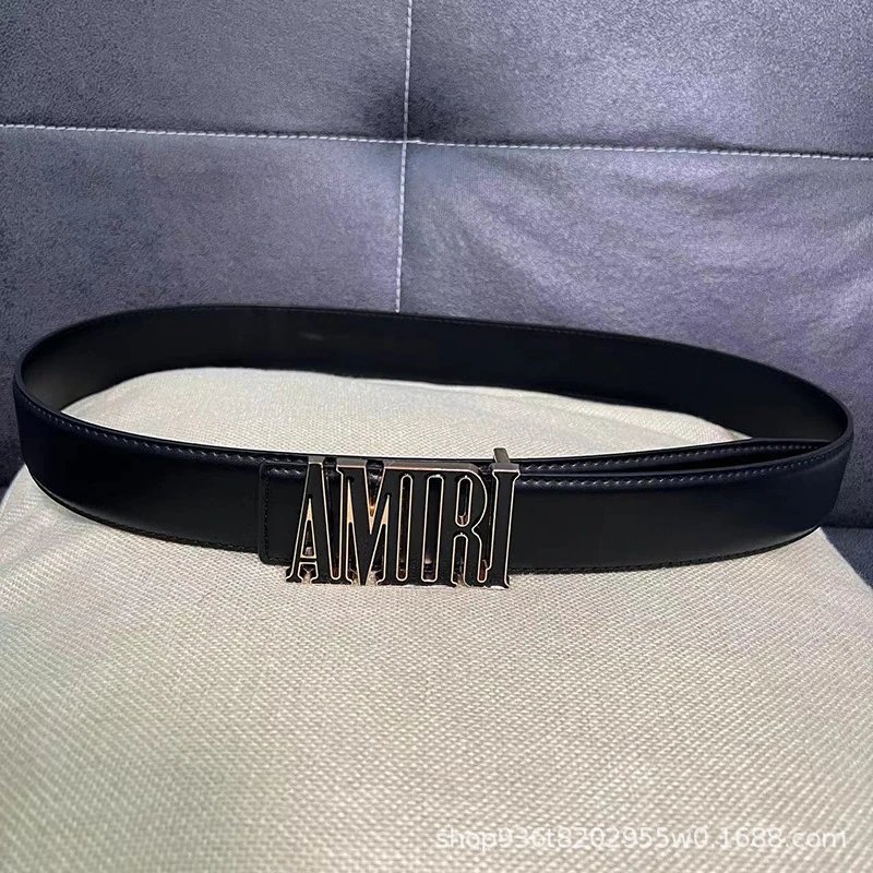 Design Logo Buckle Leather Belt Black - 3