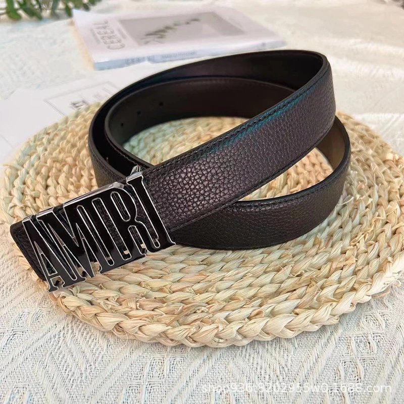 Design Logo Buckle Leather Belt Black - 16
