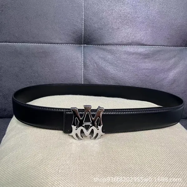 Design Logo Buckle Leather Belt Black - 1