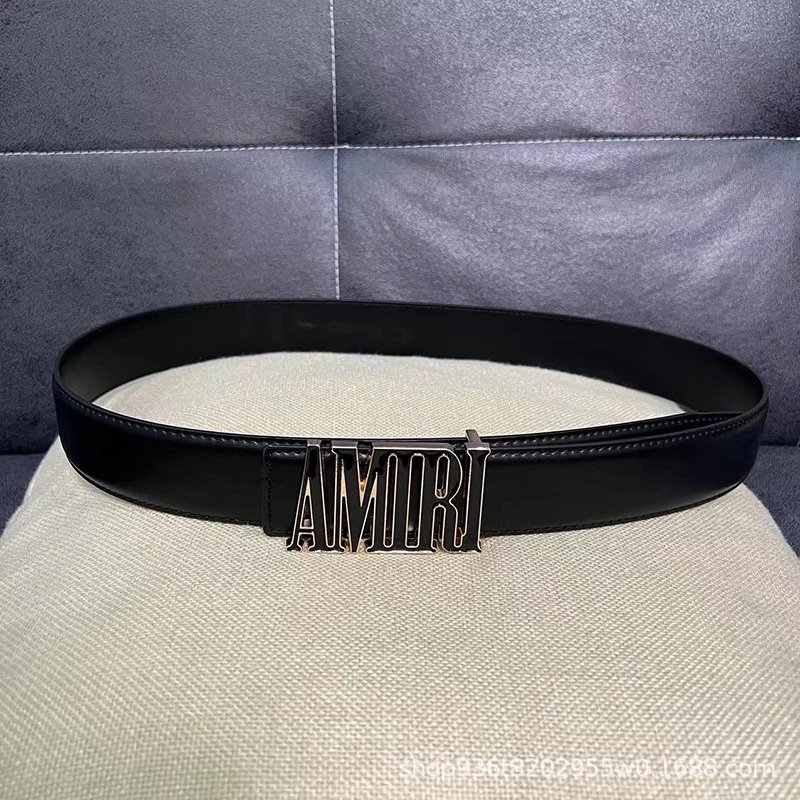 Design Logo Buckle Leather Belt Black - 11