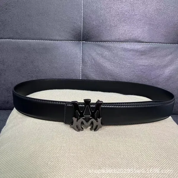 Design Black Leather Belt with Stylized Logo Buckle - 1