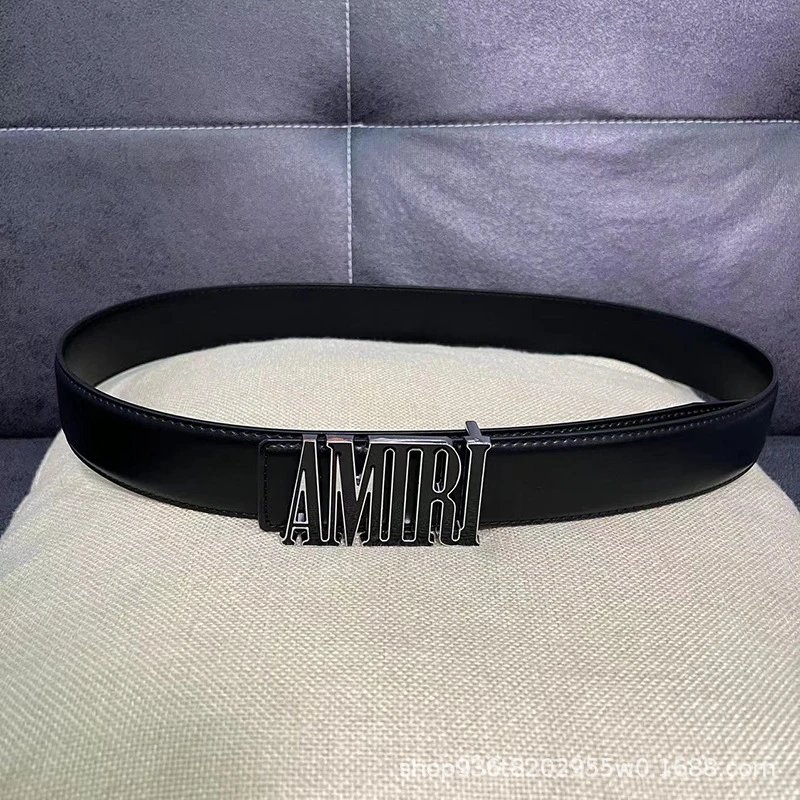 Design Logo Buckle Leather Belt Black - 10