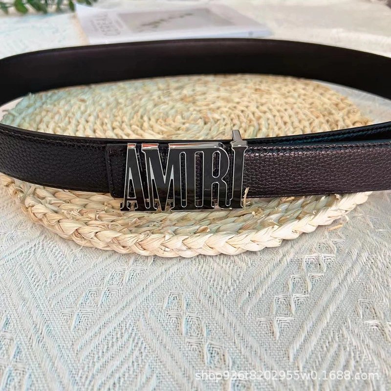 Design Logo Buckle Leather Belt Black - 12