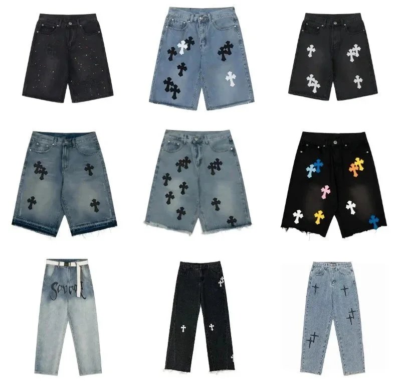 Cross Embroidered Denim Shorts